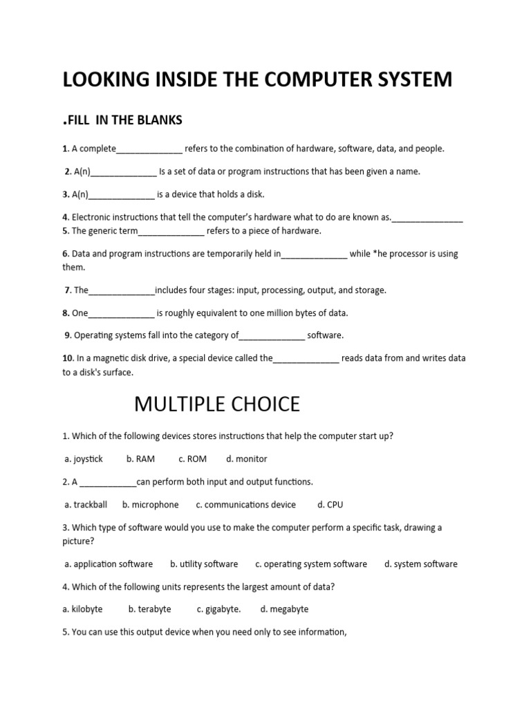 Computer System Basics Quiz | PDF | Input/Output | Computer Hardware