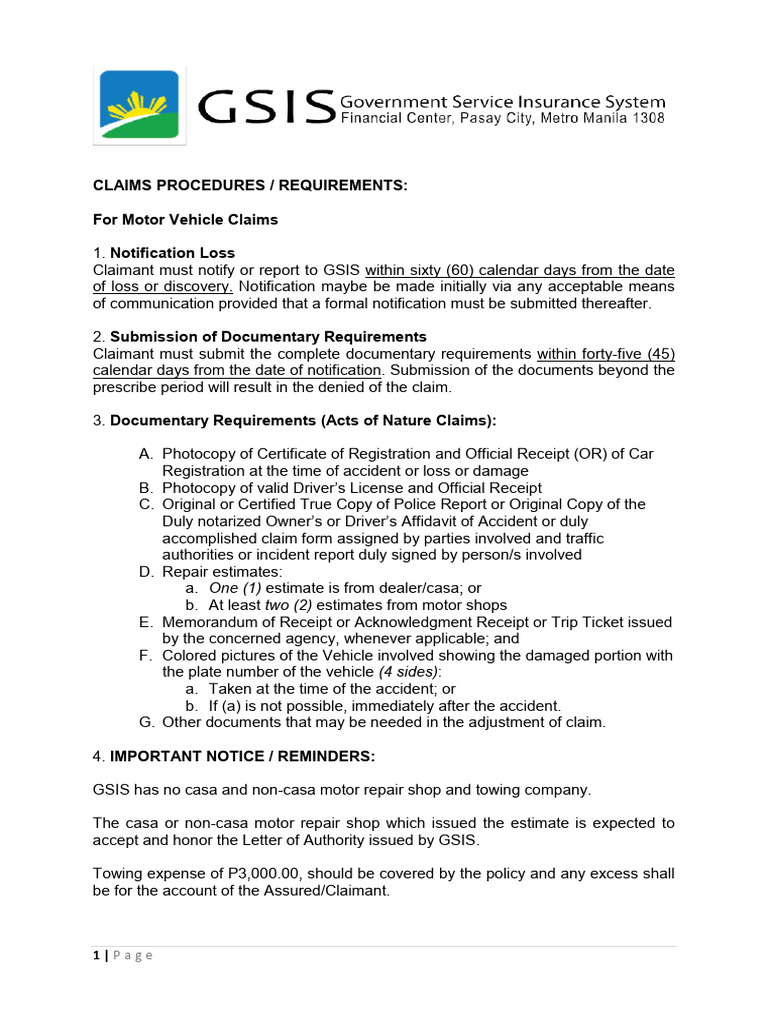 GSIS Motor Vehicle Claims Requirements | PDF | Insurance | Vehicles