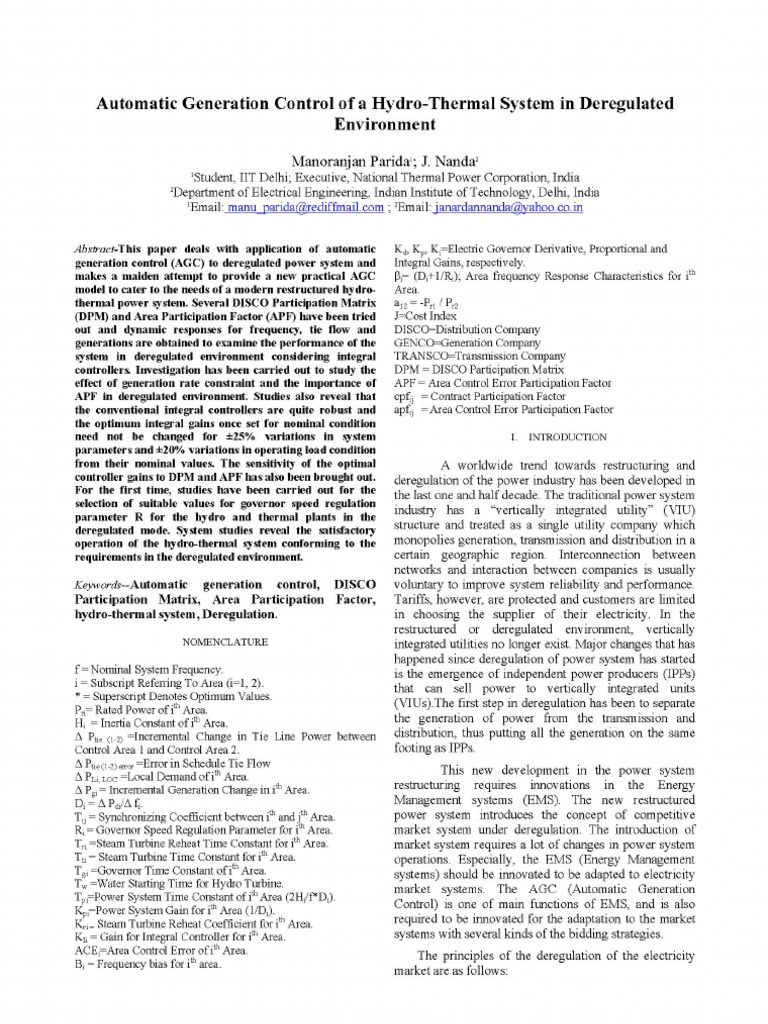 AGC in Deregulated Hydro-Thermal Systems | PDF | Electric Power ...