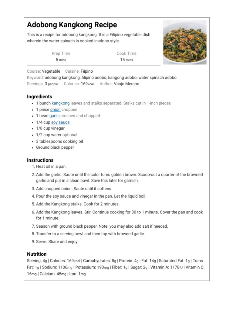 Adobong Kangkong Recipe - Panlasang Pinoy | PDF