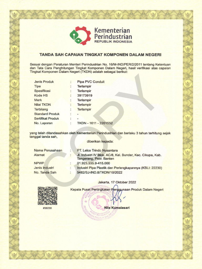 Sertifikat TKDN Pipa PVC dan Conduit | PDF | Teknologi & Rekayasa