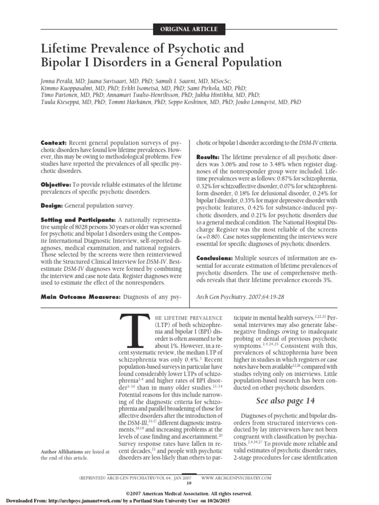 Lifetime Prevalence of Psychotic and Bipolar1 Disorders | PDF | Mental ...