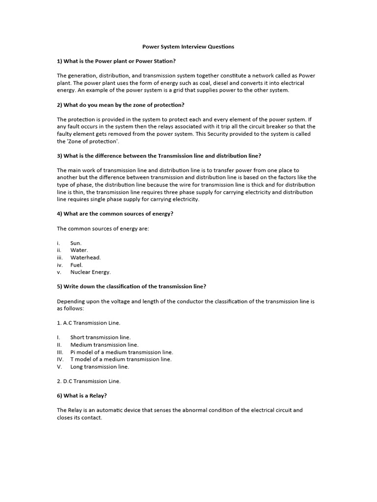 Power System Interview Questions Pdf Electric Motor