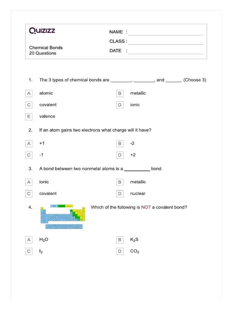 Chemical Bond Quiz PDF