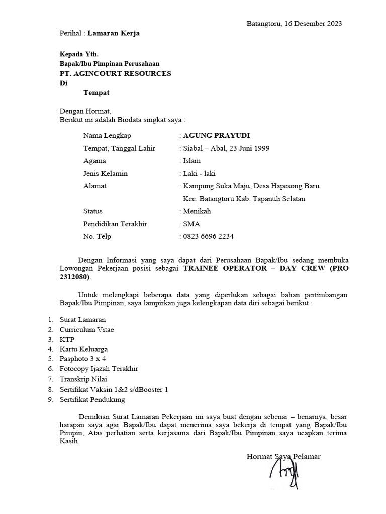 Surat Lamaran Kerja Pt. Sangati Soerya Sejahtera | PDF