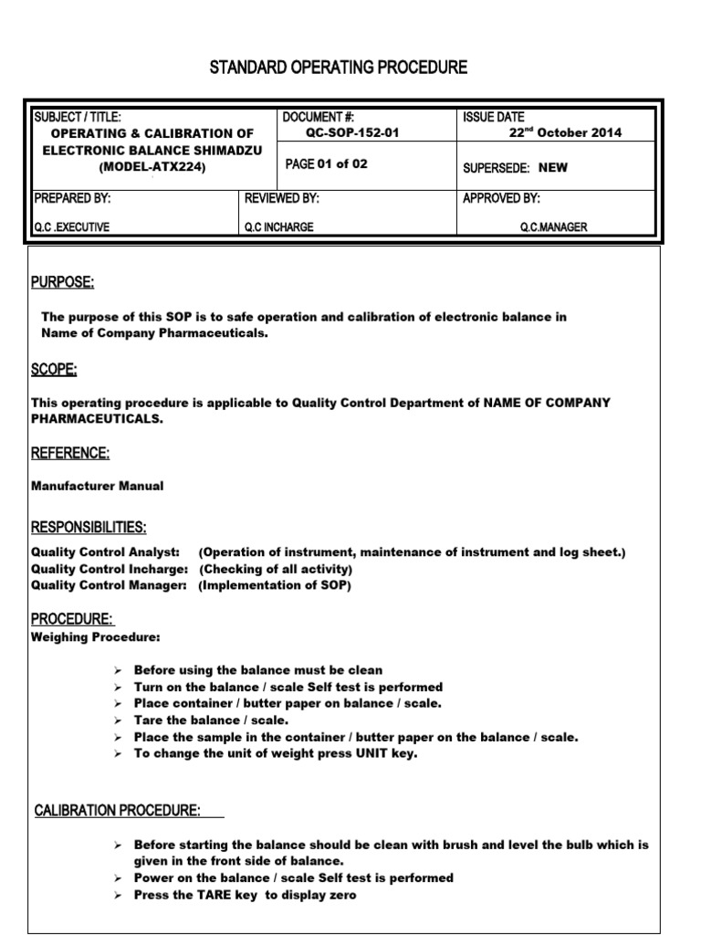 SOP For Operating and Calibration of Electronic Balance PDF