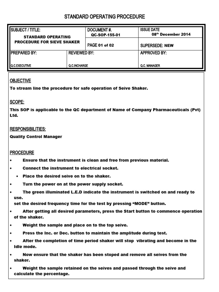 SOP for Standard Operating Procedure for Sieve Shaker | PDF