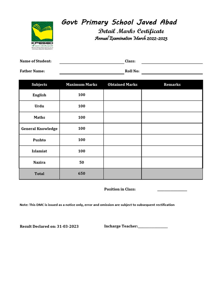Detailed Marks Certificate for Primary School | PDF