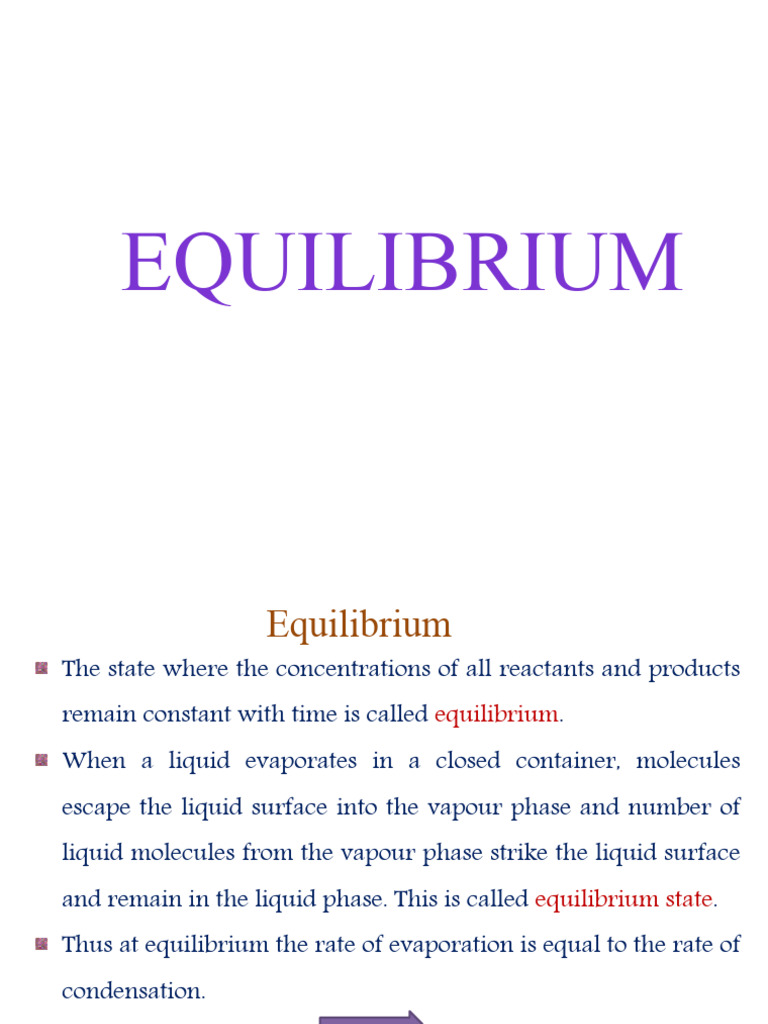 EQUILIBRIUM CLASS XI PDF Chemical Equilibrium Solubility