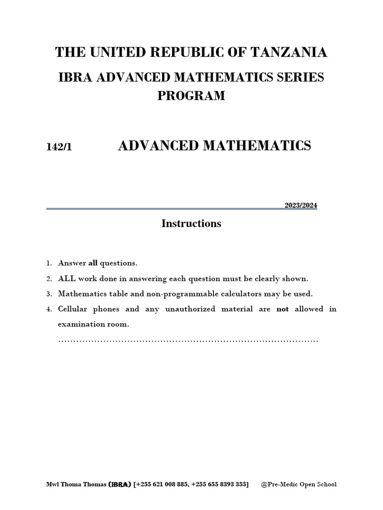 The united republic of tanzania ibra advanced mathematics series