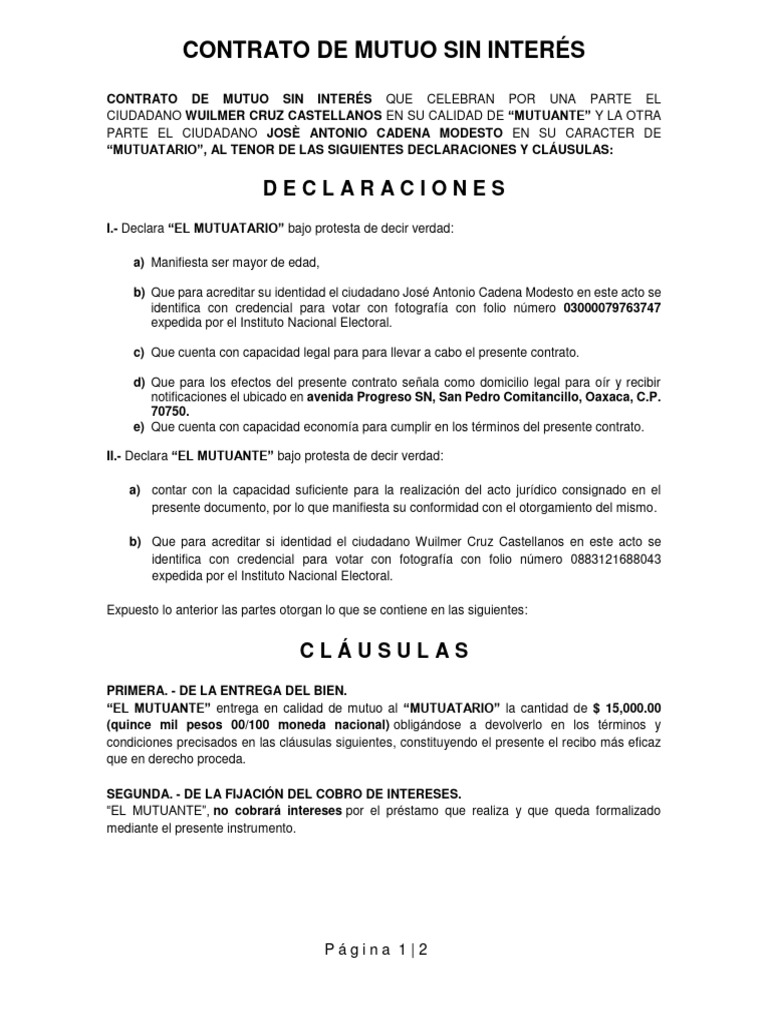 Contrato de Mutuo Sin Interés PDF