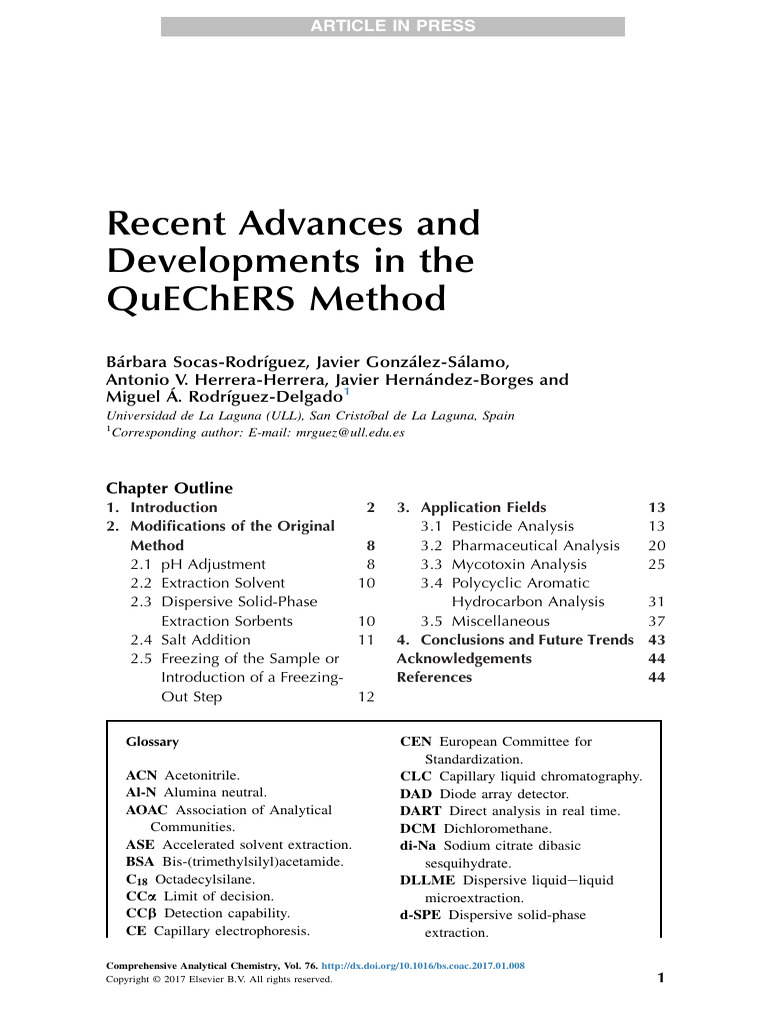 Recent Advances and DEVELOPMENTS IN THE QUECHERS METHOD | PDF