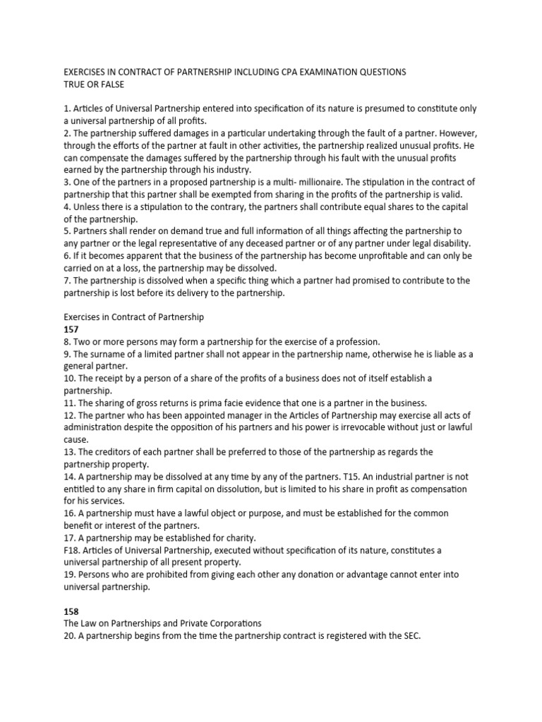 Exercises In Contract Of Partnership Including Cpa Examination