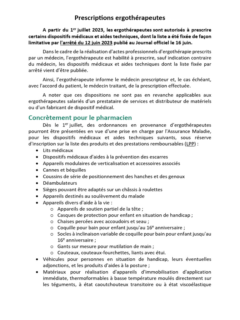 Infos Prescriptions Ergothérapeutes | PDF