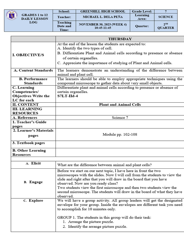 GRADES 1 To 12 Daily Lesson LOG School: Grade Level: Teacher: Learning ...
