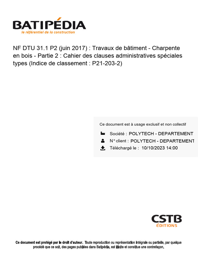 NF DTU 31.1 P2 : Charpente en Bois | PDF | Code de la construction et ...