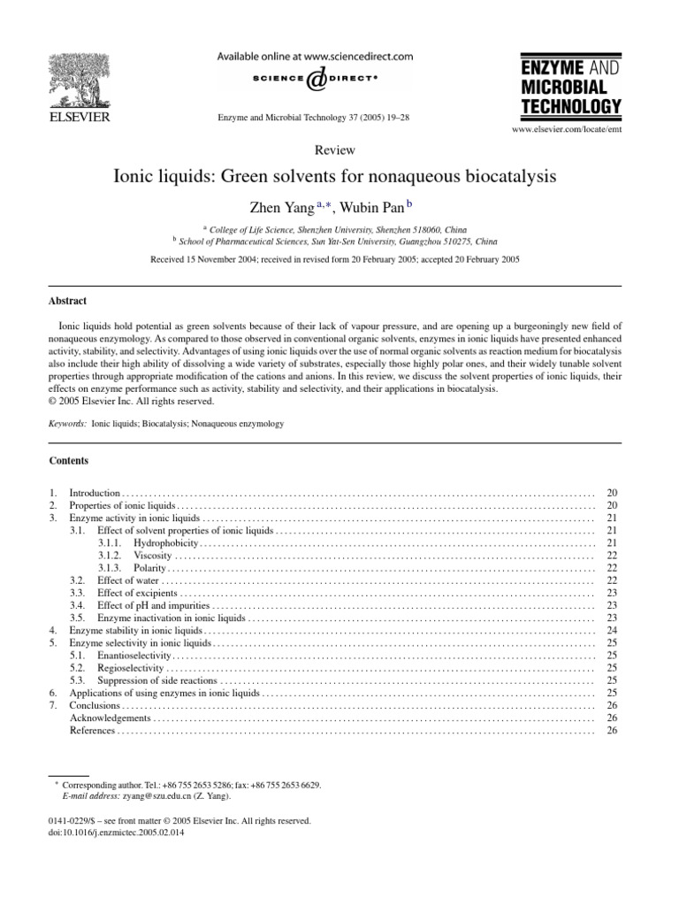 Ionic Liquids Green Solvents For Nonaqueous Biocatalysis PDF | PDF