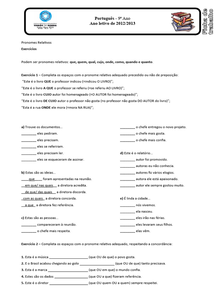 Pronomes Relativos Exercícios Pdf
