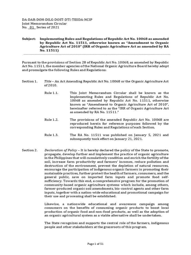 Implementing Rules for RA 11511 | PDF | Organic Farming | Agriculture