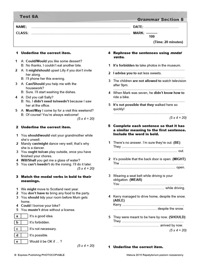 Grammar Test on Modal Verbs | PDF | Linguistic Morphology | Syntax