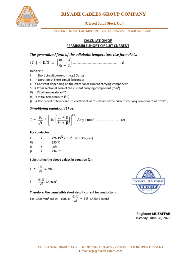 Calculation of Permissible Short Circuit Current | PDF