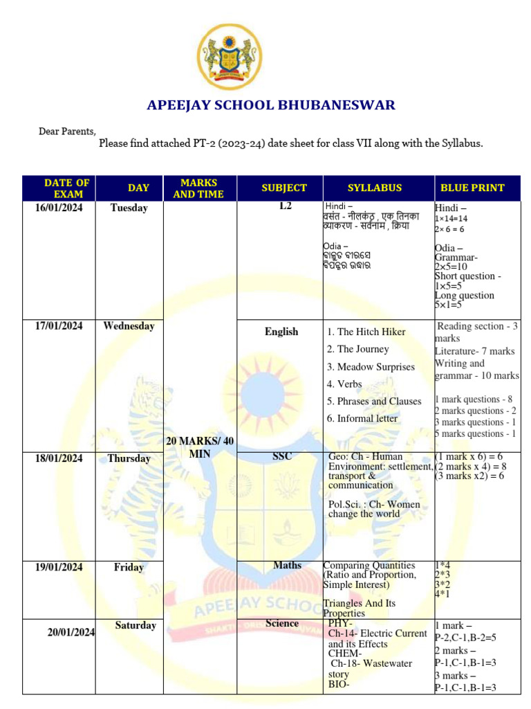 Class VII PT-2 Exam Date Sheet 2023-24 | PDF | Grammar | Linguistics