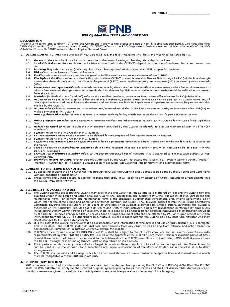 PNB C@shNet Plus Terms & Conditions | PDF | Business | Finance & Money ...