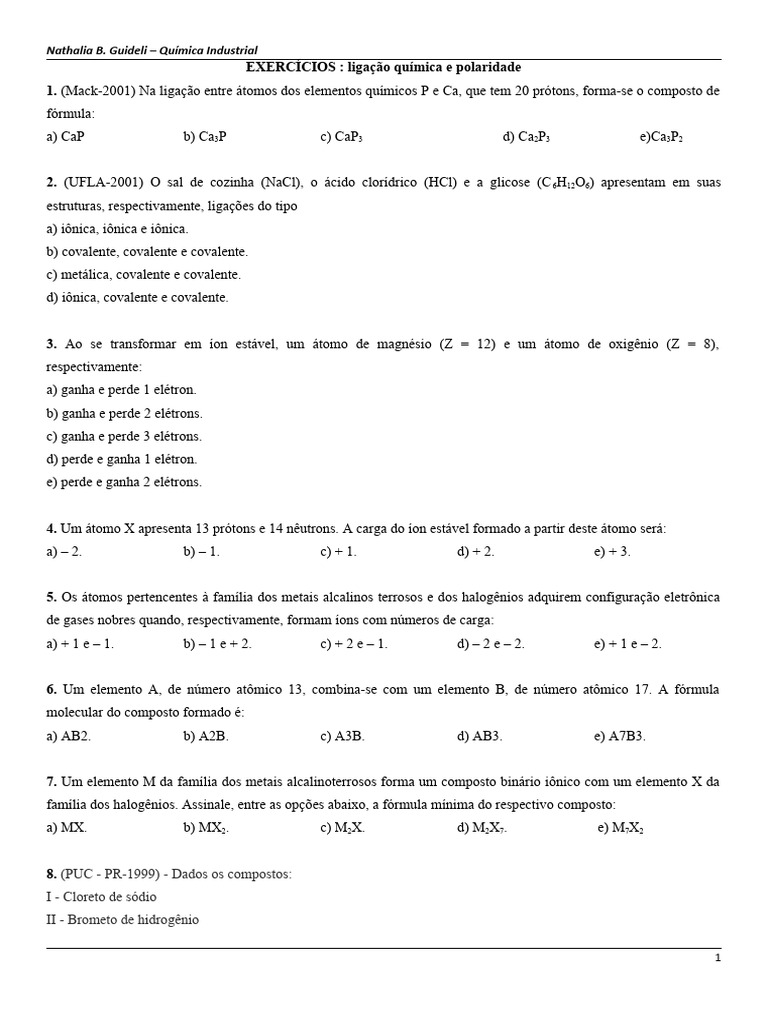 Exercícios sobre Ligações Químicas | PDF | Métodos e Materiais de Ensino