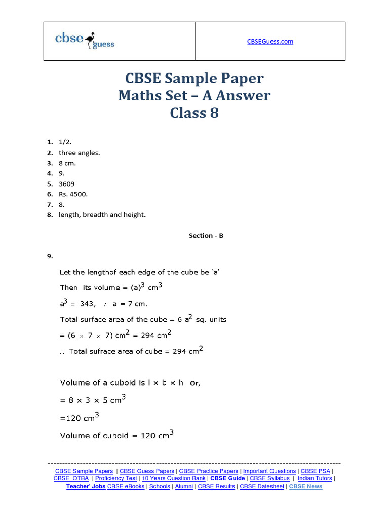Grade 8 Maths - Set A - Sample Paper - Answers | PDF
