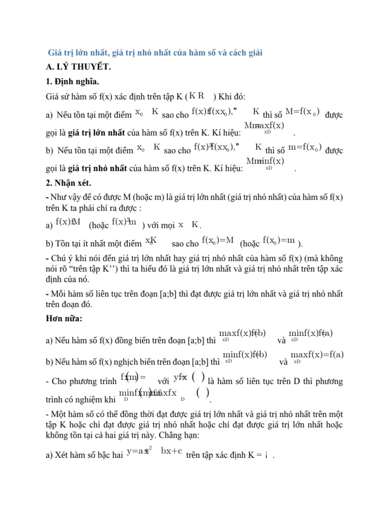 Gia tri lon nhat gia tri nho nhat cua ham so va cach giai toan lop 12 pdf