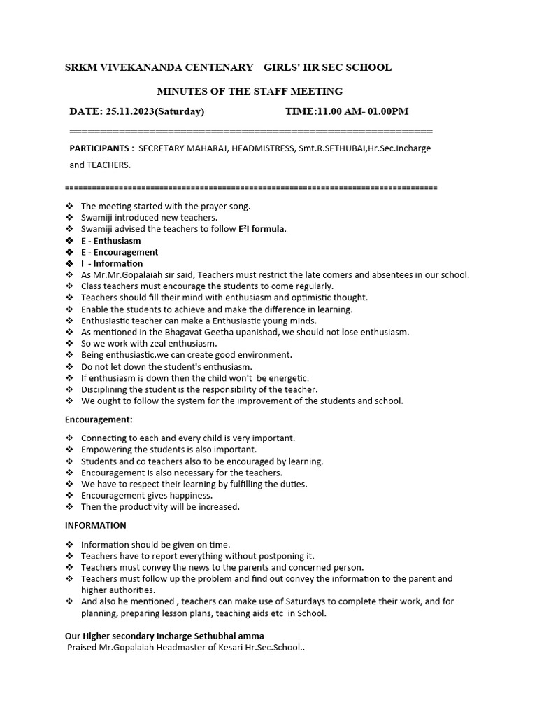 Staff Meeting Minutes - SRKM School | PDF