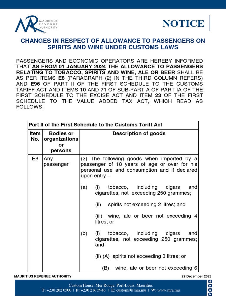 Mauritius 2024 Duty-Free Allowances | PDF | Excise
