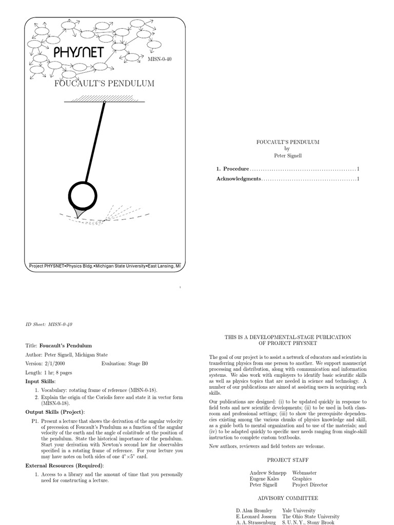 Foucault'S Pendulum: Project PHYSNET Physics Bldg. Michigan State ...