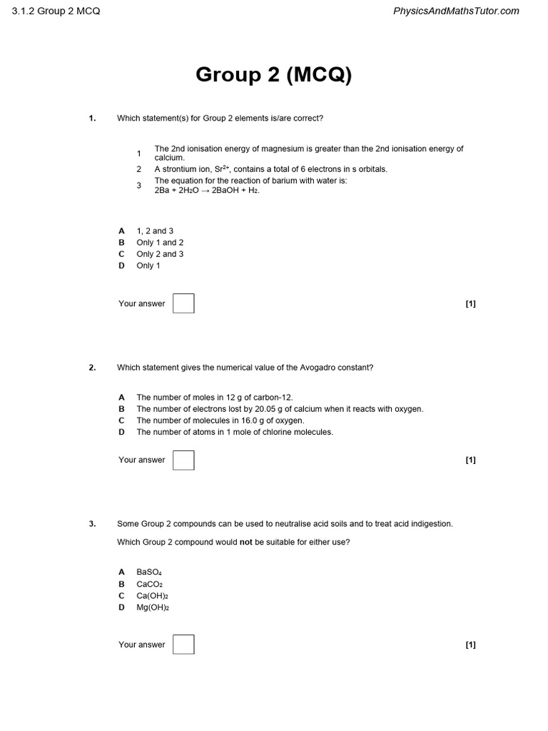 3.1.2 Group 2 MCQ | PDF | Hydroxide | Mole (Unit)
