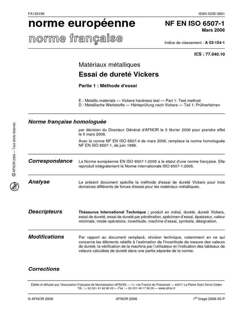 Essai de dureté Vickers Méthode norme PDF Organisation — free download