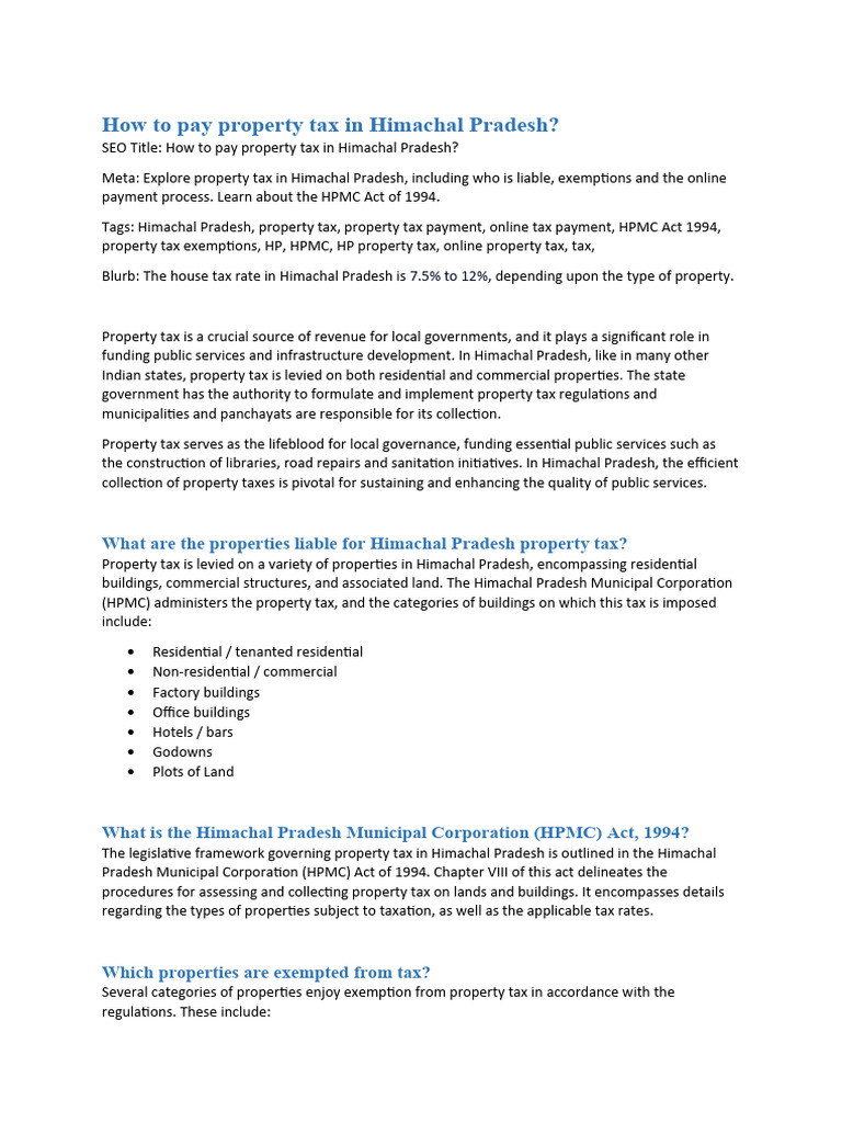 Property Tax In Himachal Pradesh Pdf Property Tax Lease