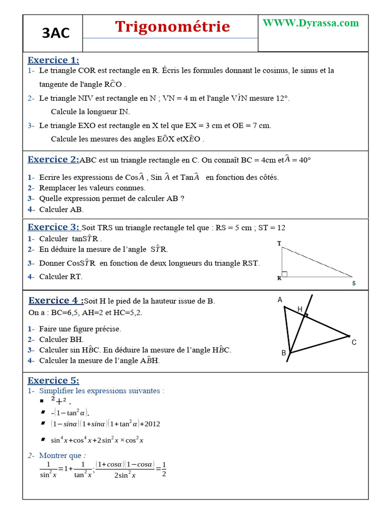 Trigonometrie serie dexercices maths 3ac word 2 pdf