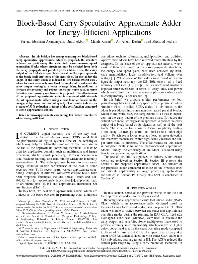 Block based carry speculative approximate adder for energy efficient