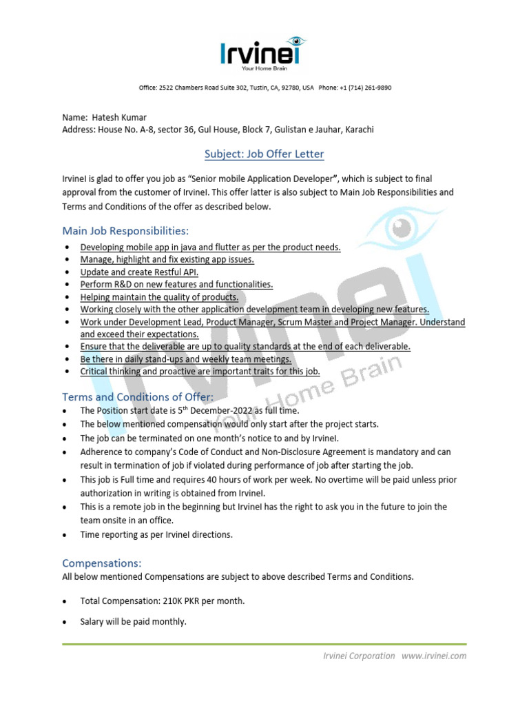Job Offer Letter For Hatesh | PDF | Software | Computing