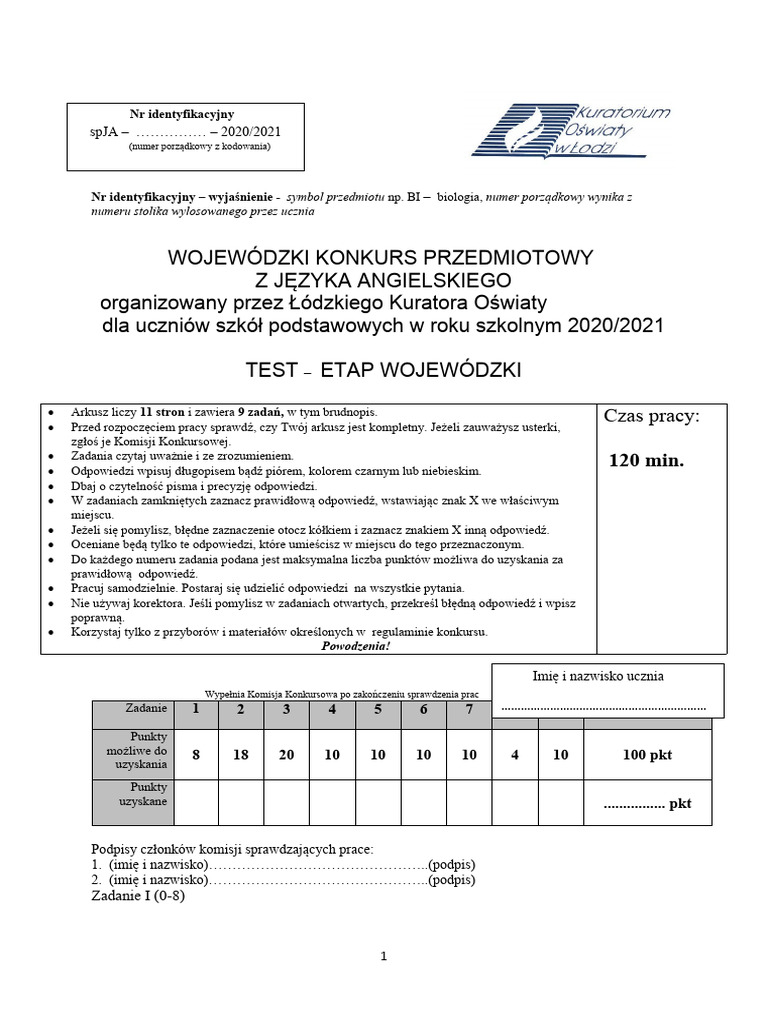 Konkurs Przedmiotowy Z Matematyki Arkusze Wojewodzki Konkurs Przedmiotowy Z Jezyka Angielskiego Etap Wojewodzki