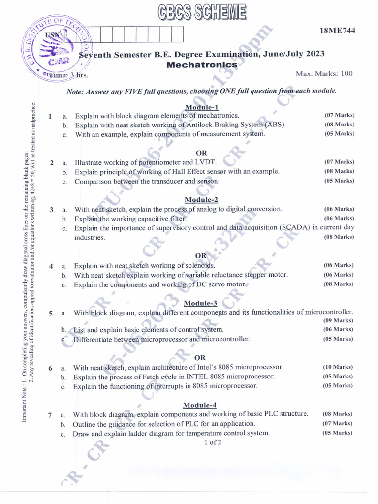 VTU Question Paper of 18ME744 Mechatronics June-July-2023 | PDF