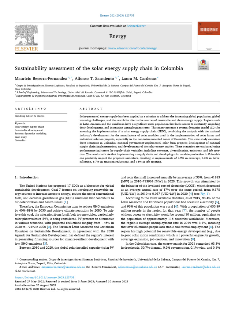Sustainability Assessment of The Solar Energy Supply Chain in Col 2023 ...