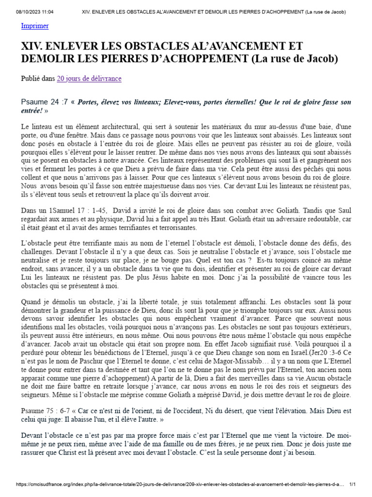 Xiv. Enlever Les Obstacles Al’Avancement Et Demolir Les Pierres d ...