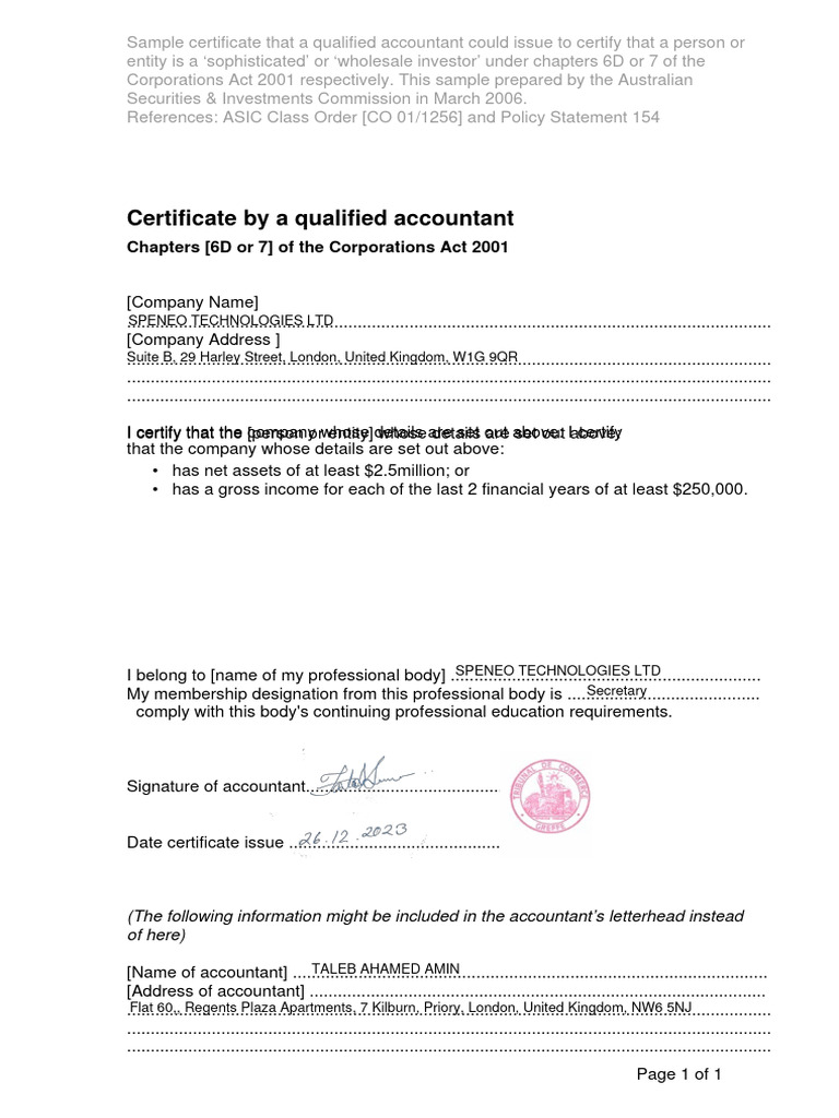 Accountant's Certificate for Investors | PDF | Accountant | Private Sector