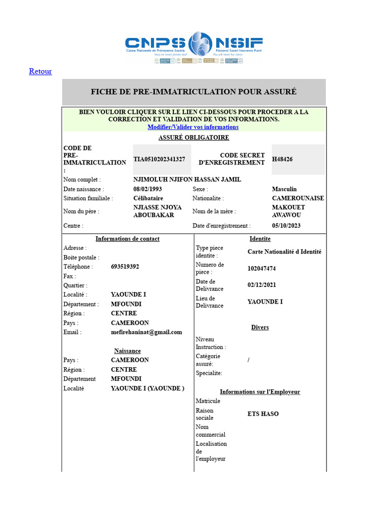 Fiche de pré-immatriculation CNPS | PDF