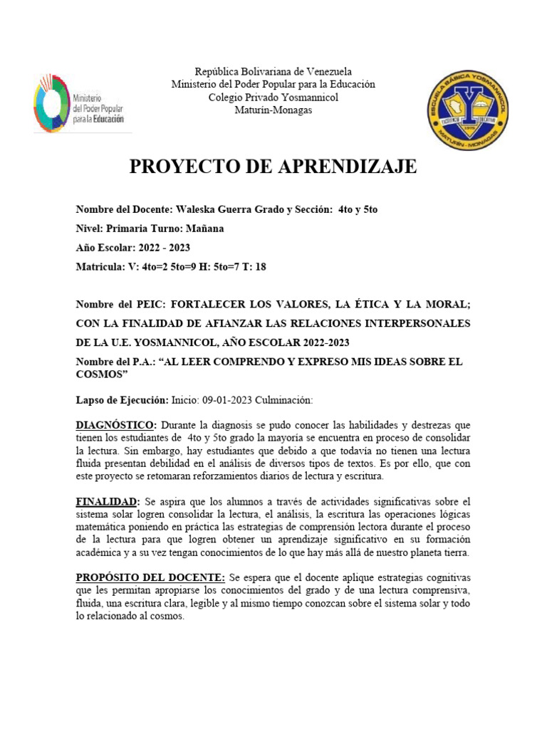 Proyecto de Aprendizaje 5to Grado Sobre El Sistem Solar | PDF, image size:768x1024