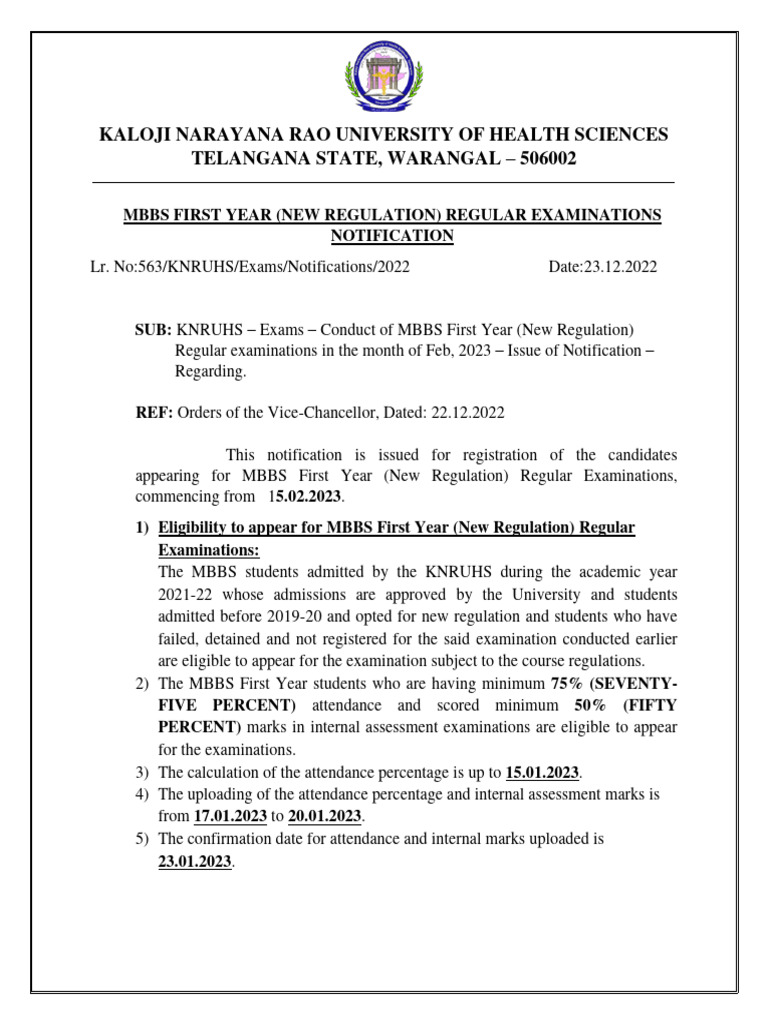 KNRUHS MBBS First Year Exam Notification | PDF
