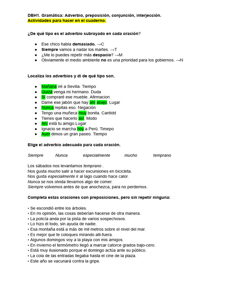 Actividades de gramática: adverbios y más | PDF | Artes del Lenguaje y ...