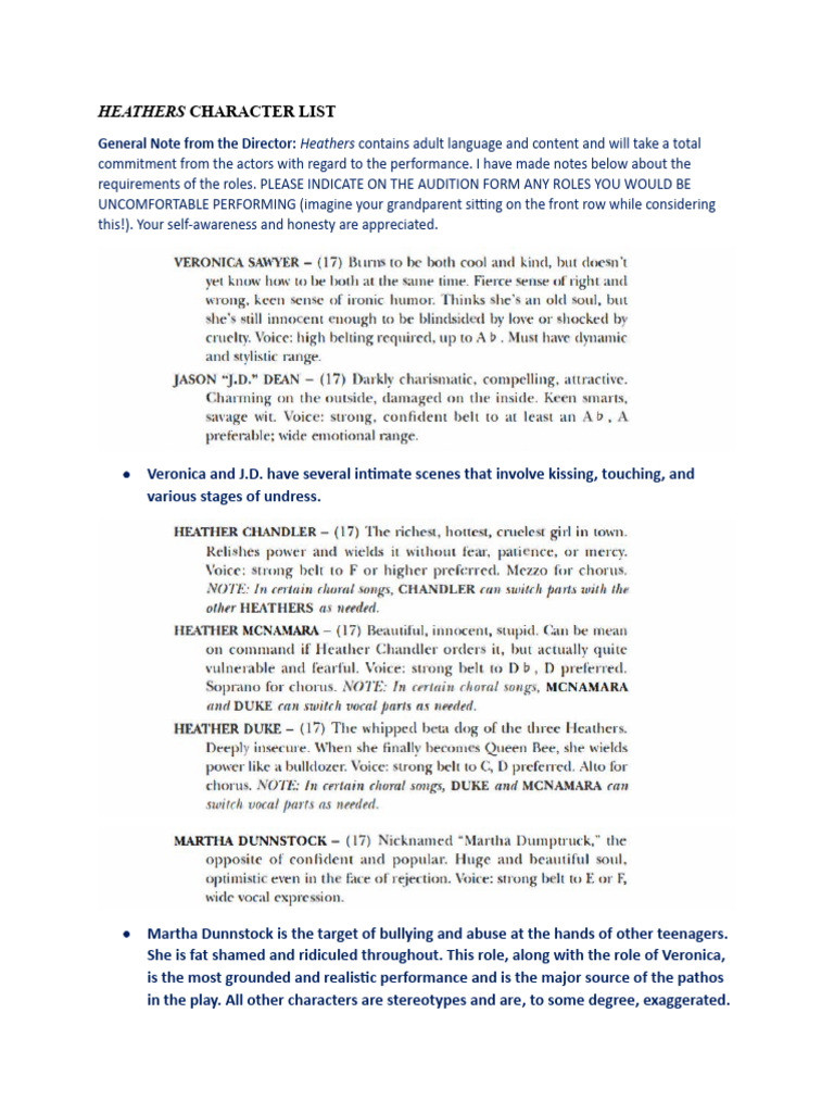 Heathers Character List PDF