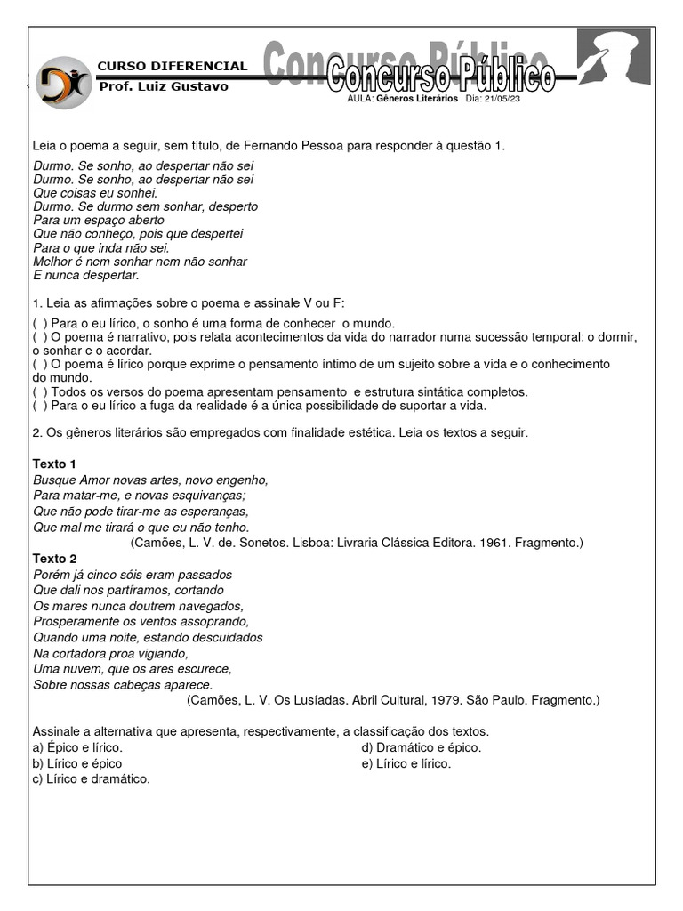 Gêneros Literários: Análise e Questões | PDF